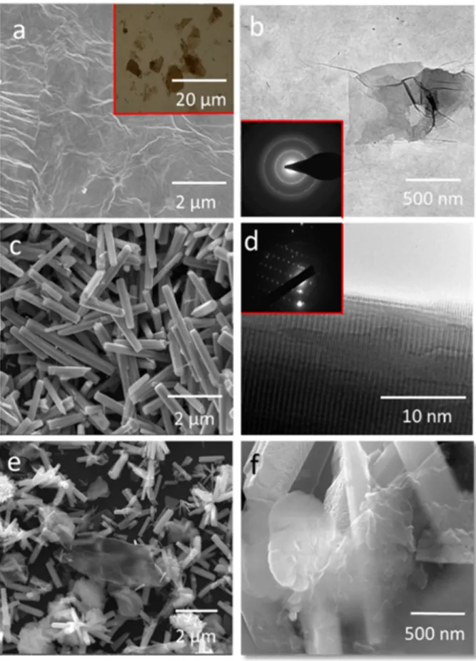 Fig. 2. FESEM (a) and TEM (b) images of GO synthesized by modified Hummers method. The insert of (a) and (b) corresponds to the optical images and SAED pattern of GO, respectively