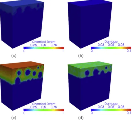 Fig. 19. Example 2: deterioration prediction through the multiscale hydro-thermo-chemo-mechanical model: (a) chemical extent in 50 days (b) damage in 50 days (c) chemical extent in 300 days (d) damage in 300 days.