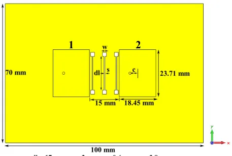 Figure 2.32: Top view of the 2-element array on Rogers 5880 with the antenna and substrate dimensions.