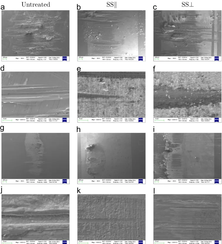 Fig. 8. Dry sliding tests: morphology of worn surfaces on untreated or NLL-treated AISI 316L with different orientations of the textured surface (SS?: perpendicular; SSJ: