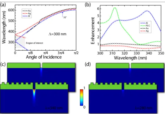 Fig. 1. Numerical simulations of the designed grating structures. (a) Calculated SPP dispersion  relation of a grating/air interface for different metals
