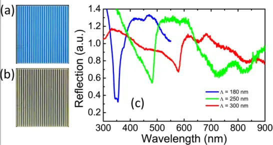 Fig.  3.  Characterization  of  the  plasmonic  Al  gratings  fabricated  on  sapphire