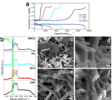 Figure 7. (a) Galvanostatic discharge/charge plots of CNF, MC2, RC and RMC2 at a current density of 0.05 mA cm −2 , (b) corresponding Raman spectra of the samples at the end of discharge