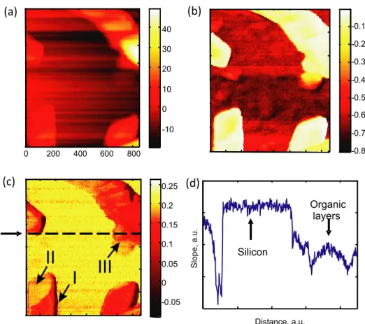Figure 5. (a) For double-pass force–distance mapping, in the first pass the topography is acquired using the tapping mode (820 nm wide image, 45 nm full-color scale)