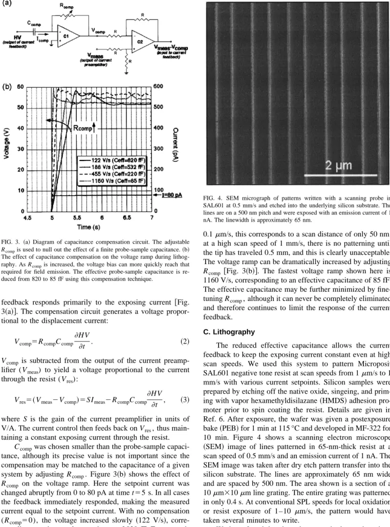 FIG. 4. SEM micrograph of patterns written with a scanning probe in SAL601 at 0.5 mm/s and etched into the underlying silicon substrate
