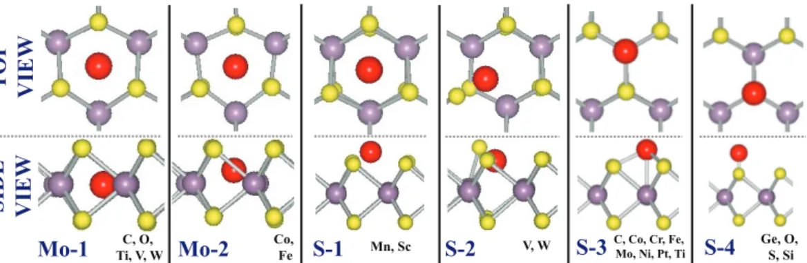 Figure 3.7: Top and side views are the schematic representation of possible adsorption geometries of adatoms obtained after the structure optimization.