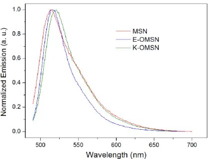 Figure 2.14: Fluorescence spectra of MSNs showing the successful FITC conjugation to the  silica network