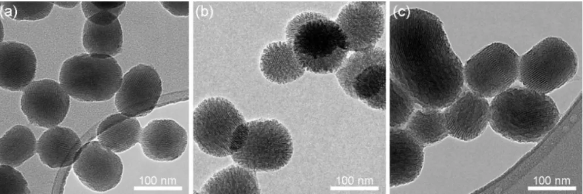 Figure 2.16 shows the TEM images of the particles. Bare MSNs exhibited an MCM- MCM-41 type highly ordered hexagonal porous structure (Figure 2.16a)