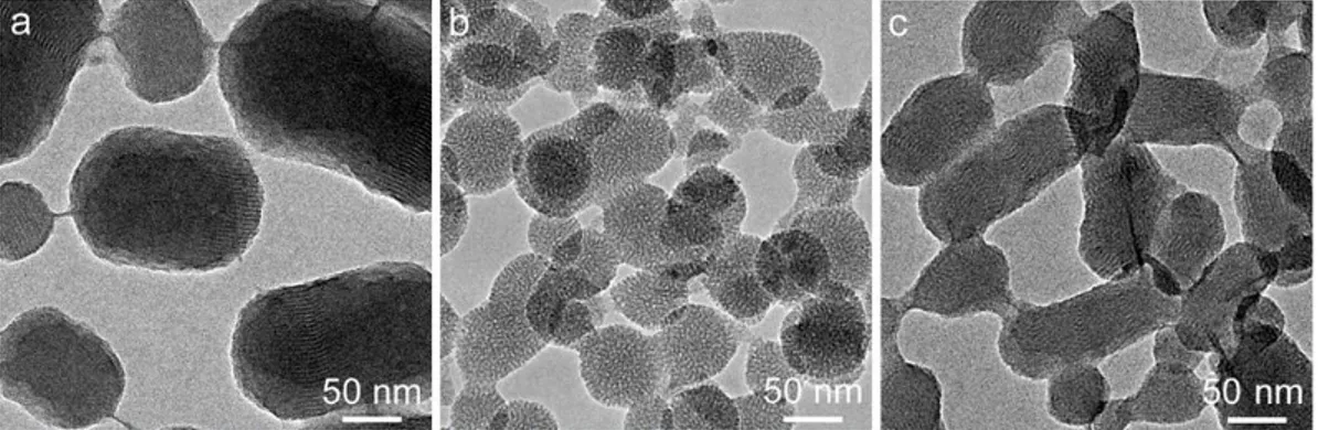 Figure  4.3: TEM  images  of  pMSNs  prepared using  (a)  6  mg,  (b)  12  mg,  and  (c)  22  mg  of  pyrene