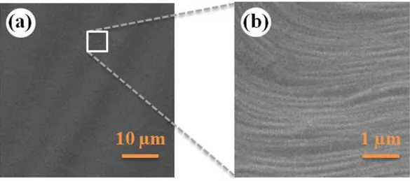 Figure 2.4 (a) SEM image of thermally-annealed copper foil. (b) Zoomed-in view of  the marked portion, showing terraces separated by steps