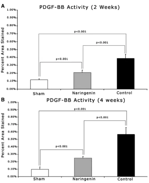FIGURE 7. Bar graphs for the PDGF ac- ac-tivity at 2 (A) and 4 (B) weeks. PDGF activity is expressed as a percentage of the area positive for PDGF stain/total area of interest (AOI)