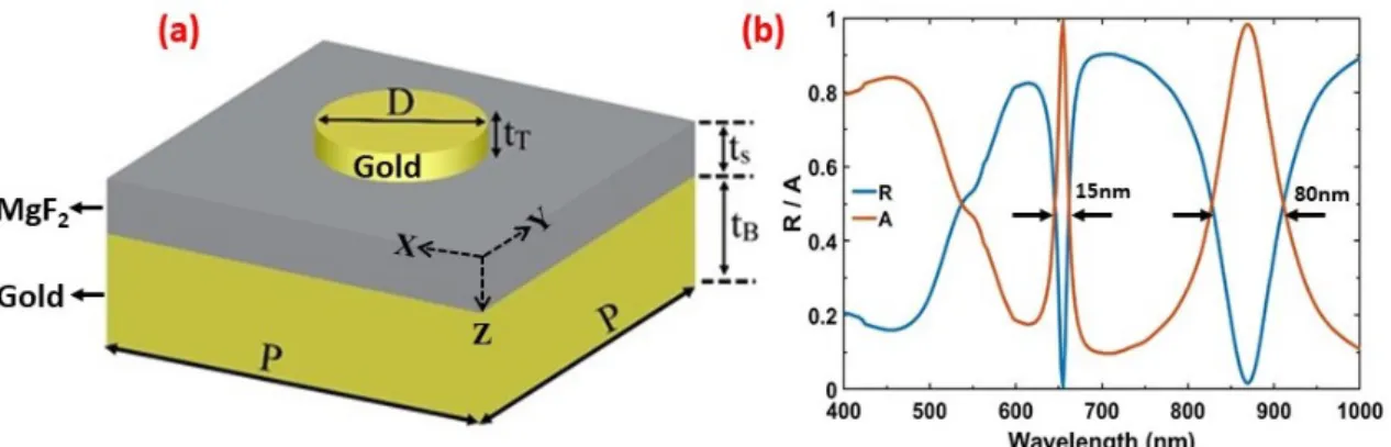 Figure 1. (a) A schematic of the unit cell of the proposed MIM metamaterial absorber with periodicity P.