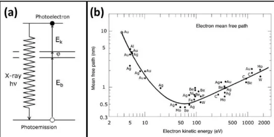 Figure 2.4: (a) Diagram of the photoemission process. (b) Universal curve that is plot of IMFP values of the metals as a function of the kinetic energy of electrons.
