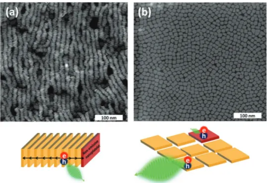 Figure 7.  HAADF-STEM images of (a) face-to-face and (b) side-by-side stacked nanoplatelet assemblies realized by air/liquid self-assembly technique
