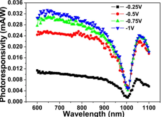 Fig. 5. Photoresponsivity spectrum obtained under bias voltages of −0.25 V,