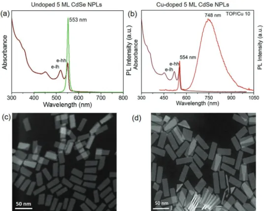 Figure 1.  UV–visible absorption and PL emission spectra of a) undoped and b) 1.6% Cu-doped five ML CdSe NPLs