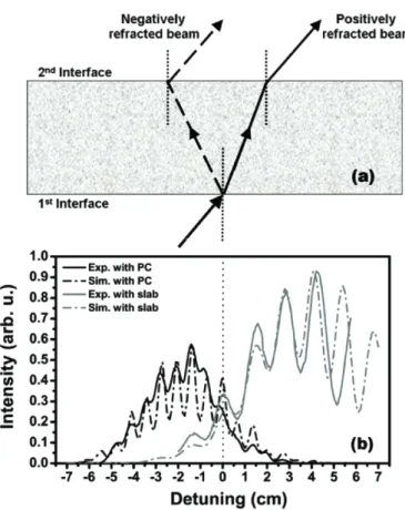Fig. 6.3. (a) Schematics of refraction of the incident beam through positive and neg- neg-ative media for TM polarization