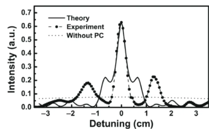 Fig. 6.4. Measured power distribution (large dotted-dashed line) and calculated average intensity (solid line) at the focal point for TM polarization