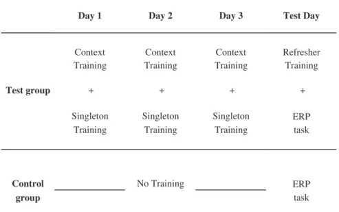 Fig. 1. Summary of the experiment schedule. Participants in the test group were trained in a categorization task in three sessions over 3 days