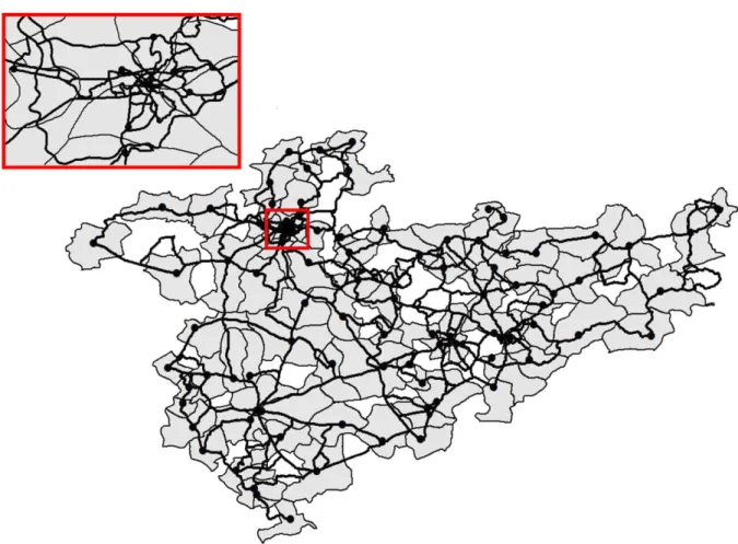 Fig. 3. Ninety-two administrative districts and the highway network in the region. The inset displays an enlarged view of the network around Ankara.