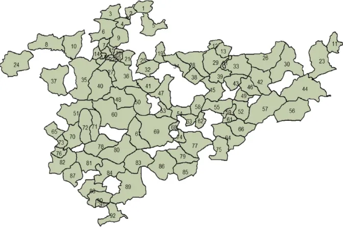 Fig. 5. Ninety-two administrative districts, their node numbers and corresponding locations.