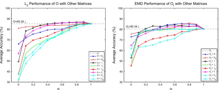 Fig. 10. a search for two-level classiﬁcation: the combination of O matrix with others using L 2 and the combination of O t matrix using EMD