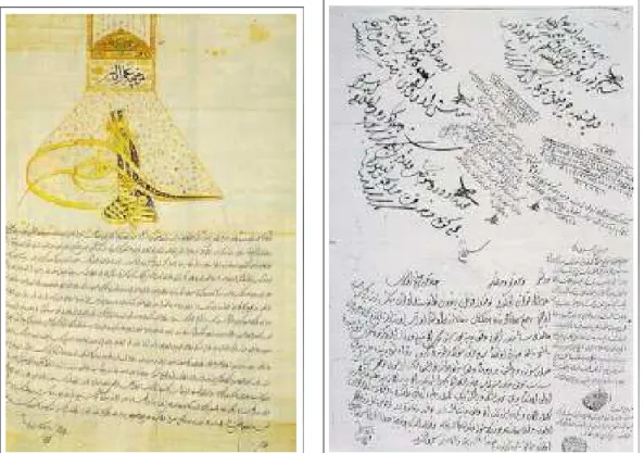 Figure 1.2: Two firman examples (royal documents) from Ottoman Emperor [43]. On the right, there exists a Tu˘gra (signature of the Sultan) at the top of the document