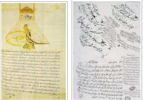 Figure 1.2: Two firman examples (royal documents) from Ottoman Emperor [43]. On the right, there exists a Tu˘gra (signature of the Sultan) at the top of the document
