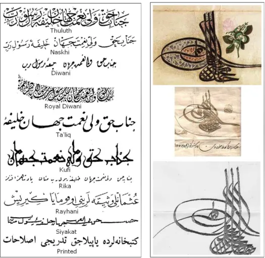 Figure 5.1: on the left Calligraphy styles used during Ottoman era [15], on the right some tu˘gra (signature of Sultan) examples
