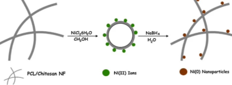 Fig. 3. SEM images taken at different magniﬁcations for Ni-NP/ENF catalysts formed under in-situ conditions from the catalytic reductions of 2-nitrophenol (a–c), 2,4- 2,4-dinitrophenol (d–f) and 2,4,6-trinitrophenol (g–i) in aqueous NaBH 4 solution at room