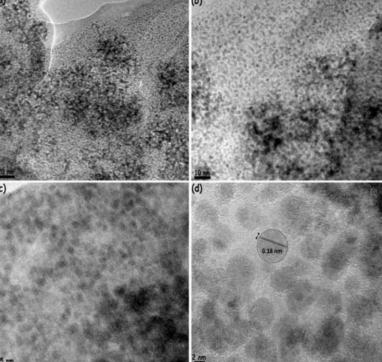 Fig. 4. BFTEM images (a–c) taken at different magniﬁcations and HRTEM image (d) for Ni-NP/ENF catalyst formed under in-situ conditions from the catalytic reduction of 2,4-dinitrophenol in aqueous NaBH 4 solution at room temperature under air.