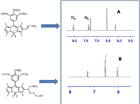 Figure  39: Comparison of aromatic regions of  1 H-NMR of compound 11 and  that of its conjugated form with mercaptoethanol  