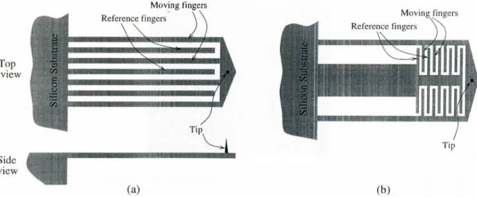 Figure  3.1;  Geometry of (a)  the first  kind  and  (b)  the  second  kind  interdigital  cantilever in  length  and  100  micrometers  in  width
