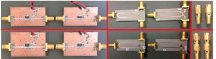 Fig. 4. Photograph of the amplifiers, divider pairs, and SMA line extenders used to build balanced amplifiers.