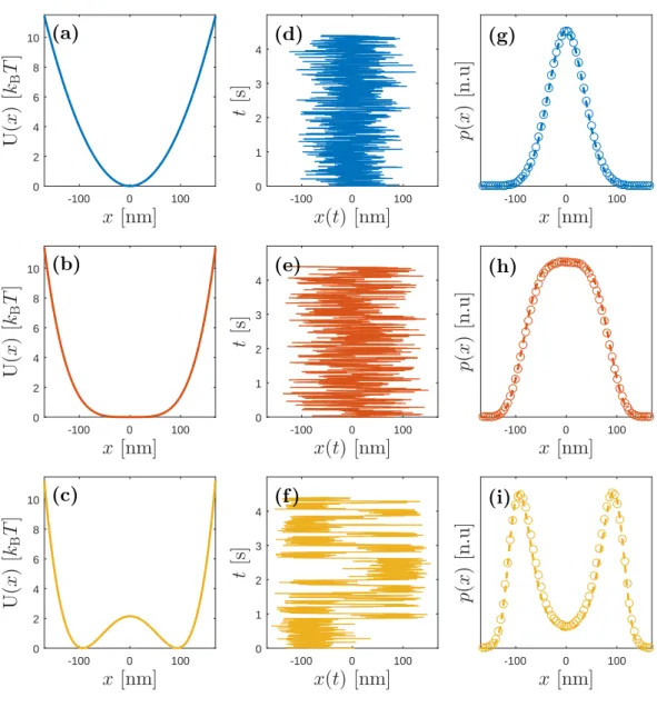 Figure 2.1: Demonstration of Boltzmann distribution for a confined Brownian particle. (a),(b) and (c): Various confining potentials such as a harmonic potential (a), a quartic potential (b), and a bistable potential (c) are shown