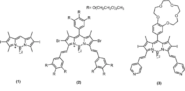 Figure  5. BODIPY- based photosensitizers in literature. Compound 1 is the first BODIPY- BODIPY-based photosensitizrs reported by Nagano et al., compound 2 and 3 were reported by Akkaya et 