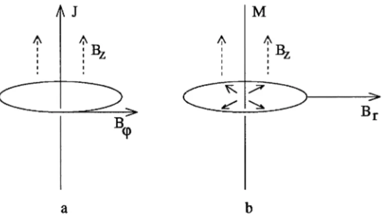 Figure  17. 1  Sketch of the thought Berry-phase experiments with an azimuthal field  created by a current-carrying wire piercing the ring (a), and radial field generated by  the line of magnetic monopoles inside the ring  (b)
