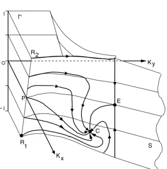 Fig. 2. A schematic drawing of the critical surface of the sys- sys-tem. C and E indicate the ﬁxed points for the steady-state and the equilibrium, respectively