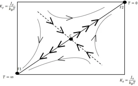 Figure 3.3: RG ﬂows for the Ising model in high dimensional parameter space. C represents the unstable (relevant) critical ﬁxed point while F 1 and F 2 indicate the stable (irrelevant) ﬁxed points of the system