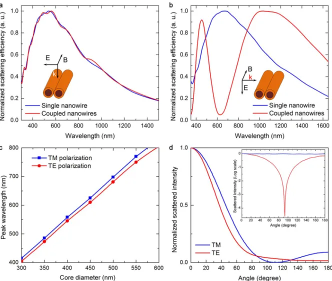 Figure 3 | Optical properties of NRM scattering. (a) Coupling-free scattering can be obtained for illumination perpendicular to the coupling axis of cylinders with 400 nm core diameter (as shown in the inset)