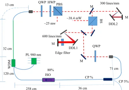 Figure 3.2: Schematic of the experimental setup: DDL-1 and DDL-2 (diffraction grating with 600 lines/mm and 300 lines/mm, respectively), M (mirror), PBS (polarizing beam splitter), QWP (quarter waveplate), HWP (half waveplate), CP (output coupler), ISO (is
