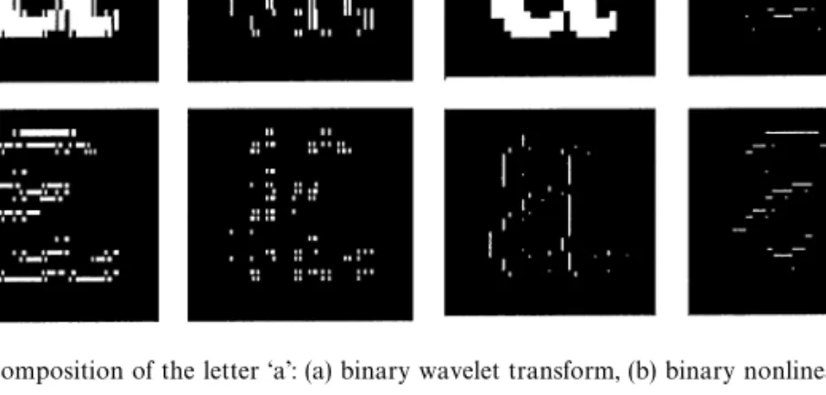 Fig. 3. Binary subband decomposition of the letter ‘a’: (a) binary wavelet transform, (b) binary nonlinear subband decomposition.