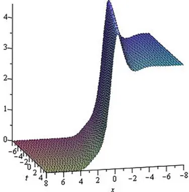 Fig. 9. A complexiton for | q ( t, x )|  2  corresponding to (112) with the parameters k  1  = i, k  2  = 1 +  2 i  ,  σ 1  =  σ 2  = 1 , k = −1 , a =  1 4  