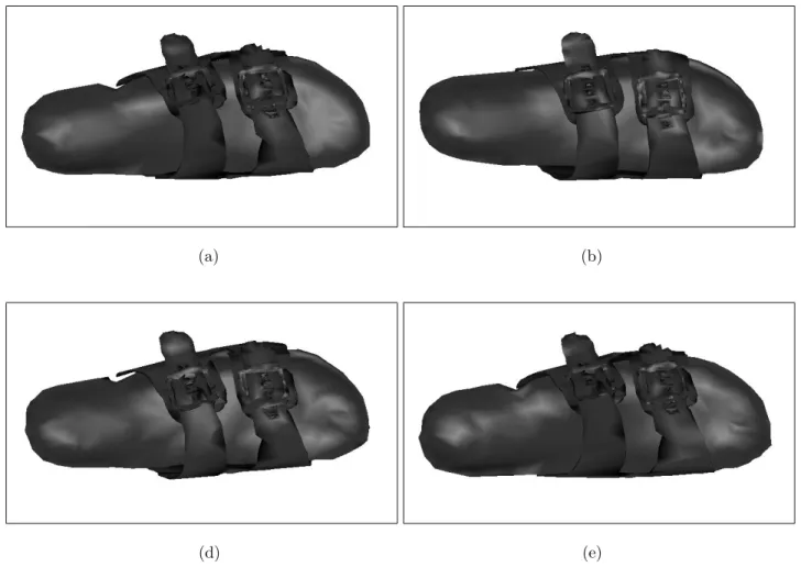 Figure 9. Reconstructed sandal meshes using parameters (a) lazy wavelet, 60% of bitstream, detail level=3; (b) lazy wavelet, 60% of bitstream, detail level=4.5; (c) Haar wavelet, 60% of bitstream, detail level=3; (d) Daubechies-10, 60%
