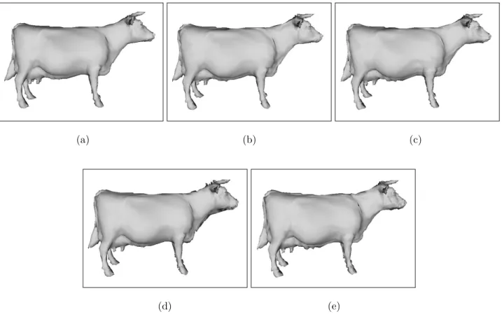 Figure 10. Meshes reconstructed with a detail level of 3 and 0.6 of the bitstream. (a) Lazy, (b) Haar, (c) Daubechies-4, (d) Biorthogonal4.4, and (e) Daubechies-10 wavelet bases are used.