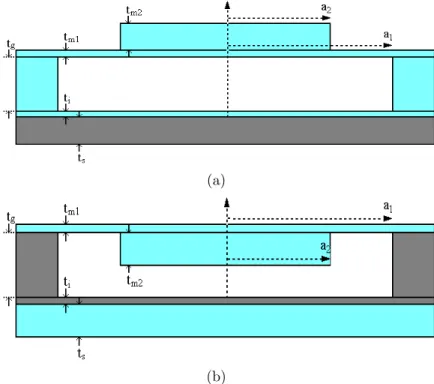 Figure 2.4: 2D view of a single cMUT cell with nonuniform membrane suited for fabrication with (a) the sacrificial layer method