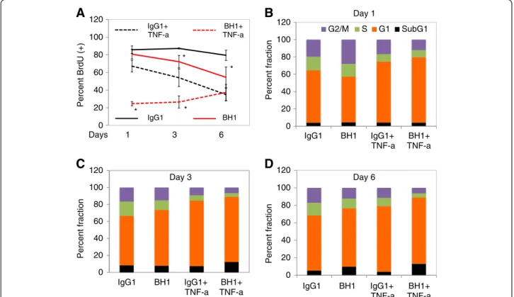 Figure 9 Effects of anti-HER2 antibody BH1 and tumor necrosis factor- α on DNA synthesis and cell cycle in SK-BR-3 cells