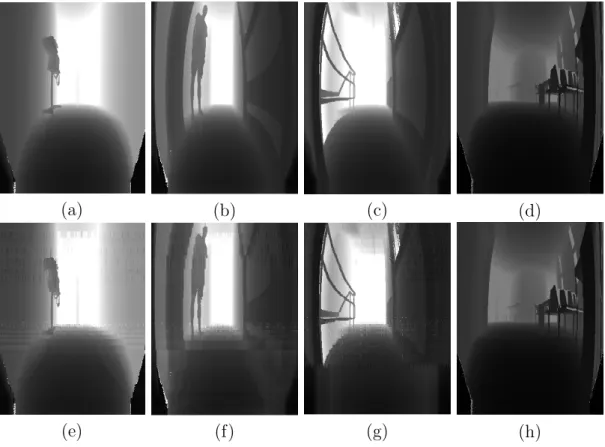 Figure 3.1: (a)–(d): Sample data sets collected at the University of Osnabr¨ uck AVZ building, and (e)–(h): their reconstructions.
