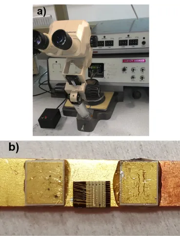 Figure 3.7: a) Wedge bonder and b) mounted and wire bonded laser chip.