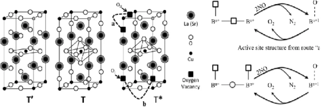 Figure 5.Crystal structure of perovskites in the form A 2 BO 4  with active sites  for NO decomposition (T′, T, and T*) and possible routes (a,b) [51]